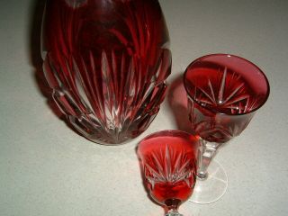 Stunning Nachtmann Cranberry Cut to Clear Crystal Decanter & 2 Matching Cordials 2