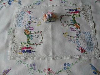 Vintage Hand Embroidered Tray Cloth - Little Crinoline Ladies