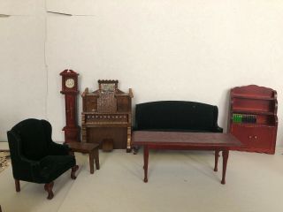 Vintage Wood Livingroom Dollhouse Furniture Sofa Chair Clock Book Case Piano