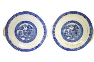 Pair Antique English Porcelain Bone China Blue Willow Transfer Plates Servers