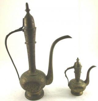 2 Vintage Etched Brass Teapots Or Coffee Pots,  Large And Small