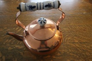 Vintage Copper Tea Pot With Delft Like Blue And White Ceramic Handle Grip/knob