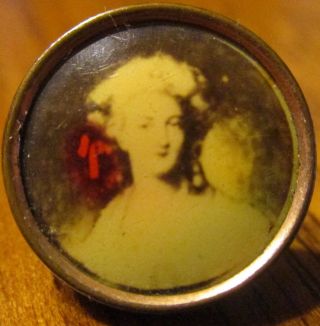Antique Lithograph Button " Victorian Lady " British Marked Vintage Picture Brass