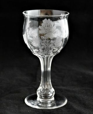 Antique H.  C.  FRY GLASS Etched 3 - Steemed Rose Pattern Hollow Stem Champagne /3ava 2