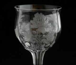 Antique H.  C.  FRY GLASS Etched 3 - Steemed Rose Pattern Hollow Stem Champagne /3ava 3