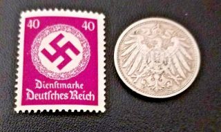 Historical Antique - German 10 Pfennig Coin With Famous 40pf Purple Stamp