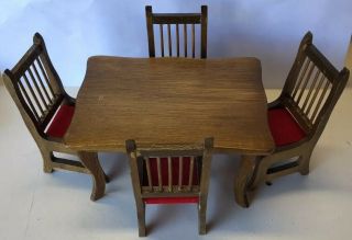 Vintage Dollhouse Miniatures Wood Kitchen Table And Four Chairs With Felt