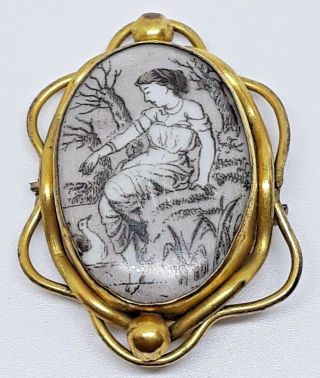 Antique Georgian Miniture Hand Painted Porcelain Cameo Brooch In Pinchbeck