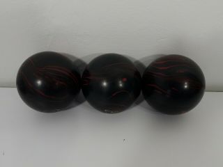 Set Of 3 Ultra Hi Black And Red Swirl Duckpin Bowling Balls And Case