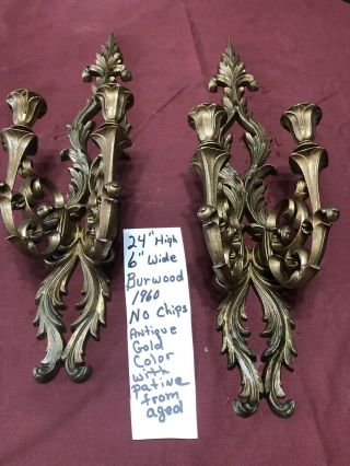 Vintage Burwood Antique Gold Wall Sconces Candle Holders Set Of 2 Mid Century
