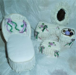 Handmade & Signed Doll House Furniture Victorian Vanity & Chaise