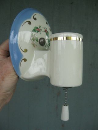 Vtg Porcelain Wall Sconce Pink Roses W/ Pull Chain Cleaned And Rewired