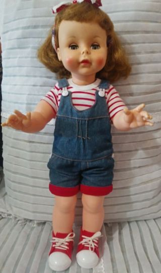 Vintage Effanbee Doll Dressed In Jean Overalls And Red Sneakers