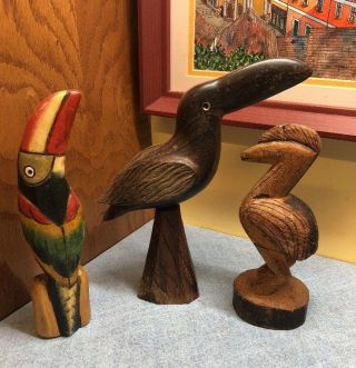 3 Vintage Hand Carved Wood Birds Sculpture Ornament Decor Unusual