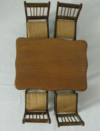 Vintage Dollhouse Furniture Wood Dining Table W/4 Matching Chairs