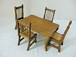 Vintage Dollhouse Furniture Wood Dining Table w/4 Matching Chairs 2