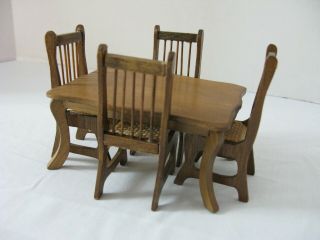 Vintage Dollhouse Furniture Wood Dining Table w/4 Matching Chairs 3