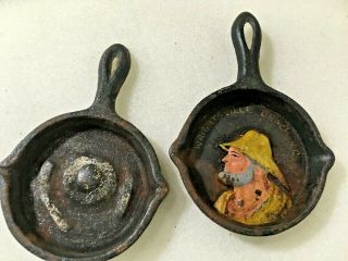 2 Vintage Antique Cast Iron Miniature Frying Pan Skillet Ashtray Toy.  3