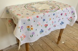 Vintage Linen Heavily Hand Embroidered Tablecloth Country Cottage Florals No.  44 2
