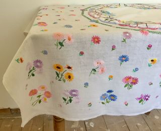 Vintage Linen Heavily Hand Embroidered Tablecloth Country Cottage Florals No.  44 4