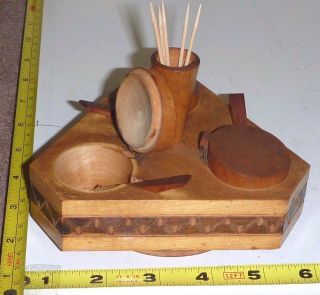 Antique Wood Condiment Set - 3 Bowls W/spoon,  Lid & Toothpick Holder - Germany