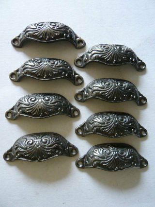 Set Of 8 Antique Cast Iron Decorative Drawer Pulls /cup Handles Marked Kenrick