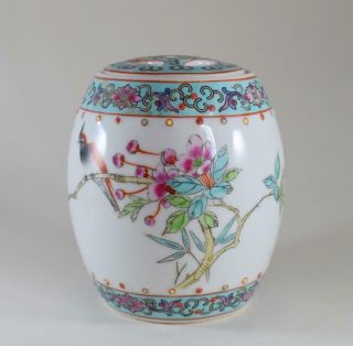 Chinese Porcelain Handpainted Barrell Shape Tea Caddy Spice Jar & Cover