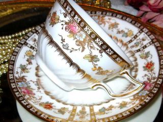 Antique Wedgewood Tea Cup & Saucer Pink Rose Floral Heavy Gold Hand Painted