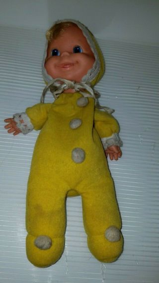 Mattel Baby Beans Yellow Bean Bag Doll Blue Eyes Pom Poms 1970 11 "