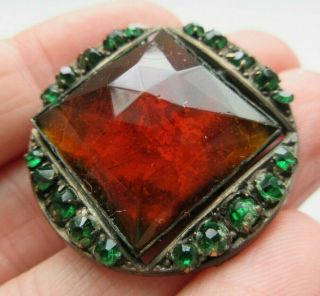 Magnificent Large Antique Honey Amber Glass In Metal Button Emerald Pastes (j)