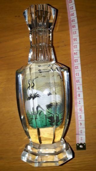 VINTAGE CHINESE OCTAGONAL INSIDE HAND PAINTED CRYSTAL VASE WITH CRANES 3