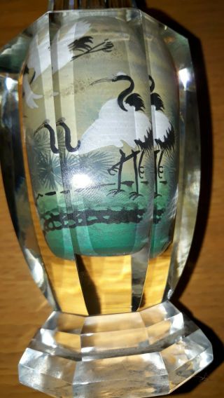 VINTAGE CHINESE OCTAGONAL INSIDE HAND PAINTED CRYSTAL VASE WITH CRANES 5