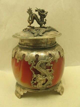Vintage Chinese Silver And Glass Incense Burner With Dragon Motif
