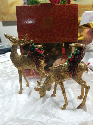 Christmas Reindeer Deer Solid Brass Candlesticks Shabby Pair 6 
