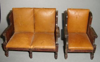 Dollhouse Loveseat And Armchair Wood And Leather Colonial Style