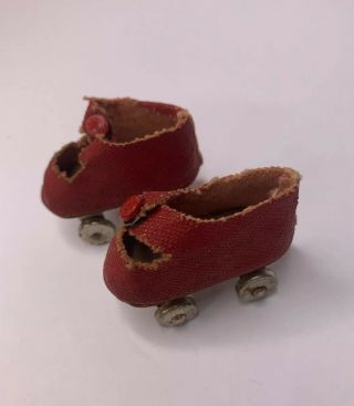 Vintage Antique Doll Roller Skates Red Oil Cloth 1 1/2” Long Doll???