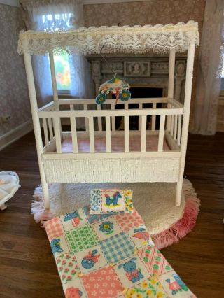 1980s Miniature Dollhouse Artisan Wicker Baby Canopy Crib Pink White Gingham