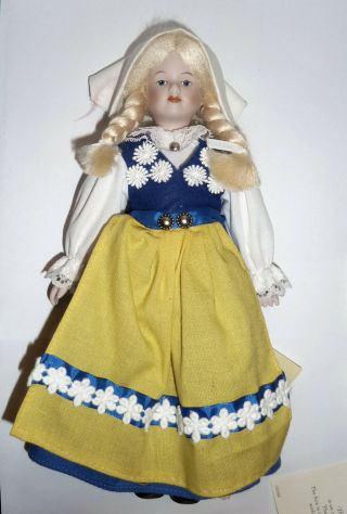 Vintage Swedish Porcelain And Cloth Doll With Certificate In Summer Costume