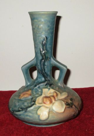 Antique Roseville Pottery 2 Handle Magnolia Blue Flower Vase 179 - 7 " Great Shape