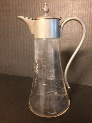 Syrup Pitcher - From Germany - Etched Glass Has Hinged Pewter Lid - Early 1930 
