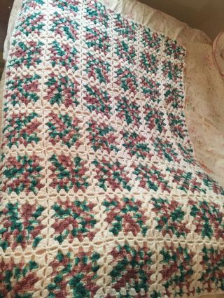 Vintage Crochet Afghan Throw Blanket Granny Squares Handmade Green Mauve White