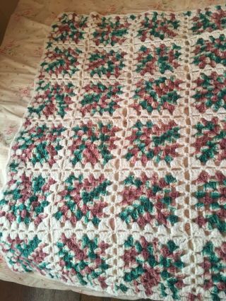 Vintage Crochet Afghan Throw Blanket Granny Squares Handmade Green Mauve White 2