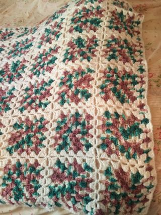 Vintage Crochet Afghan Throw Blanket Granny Squares Handmade Green Mauve White 4