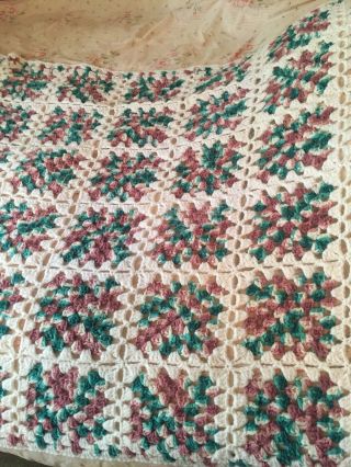 Vintage Crochet Afghan Throw Blanket Granny Squares Handmade Green Mauve White 5
