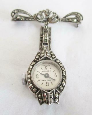 Stunning Antique Silver Marcasite " Repa " Lapel Fob Watch / Cocktail Watch Brooch