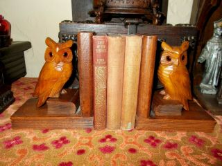 Vintage Wooden Bookends With Figures Of Carved Owls Plus Three Antique Books