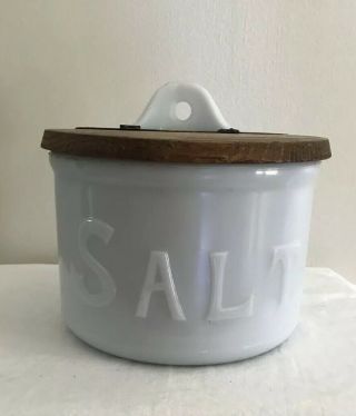 Antique Round Opal Milk Glass Covered Embossed Salt Box