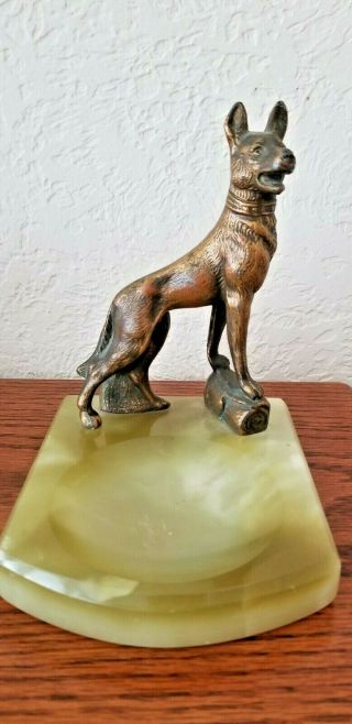 Antique Green Marble Ashtray/dresser Tray With German Shepherd Dog