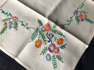 Pretty Vintage Floral Hand Embroidered Small Square Cream Irish Linen Tablecloth