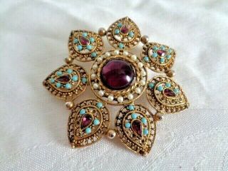Vintage Pin Brooch Antiqued Gold Tone Amethyst Glass Faux Turquoise / Pearls